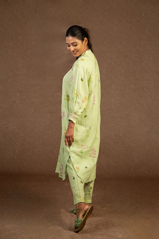 Sage green linen shirt dress with pants