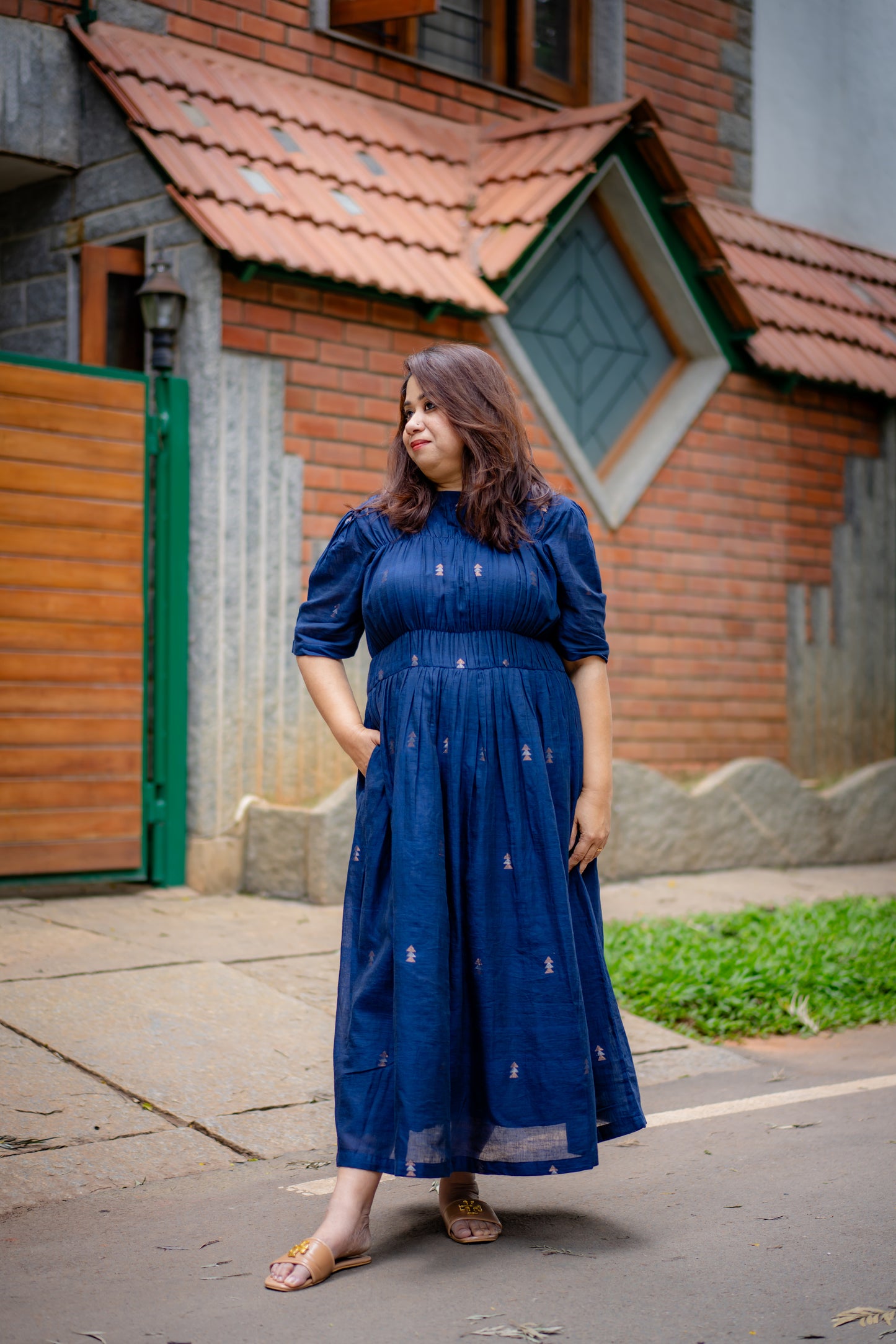 Indigo Jamdani Ruched Dress