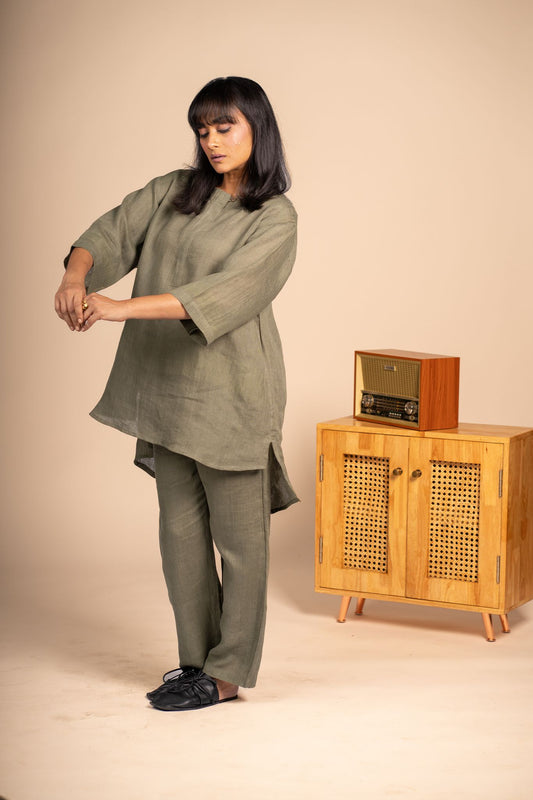 Olive linen short kurta set