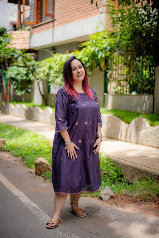 Wine zari buta smocked yoke jamdani dress