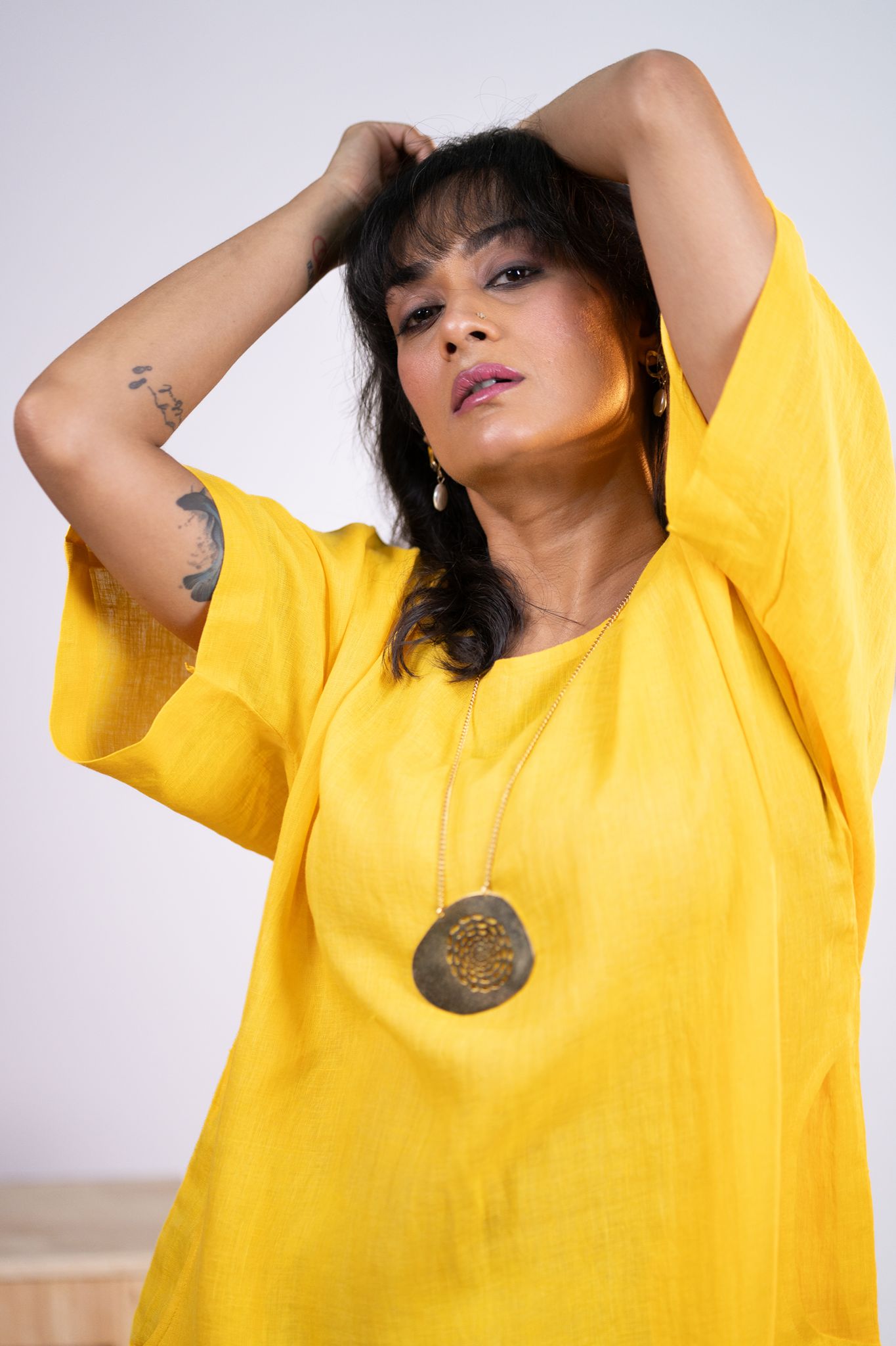 Yellow linen kaftan dress