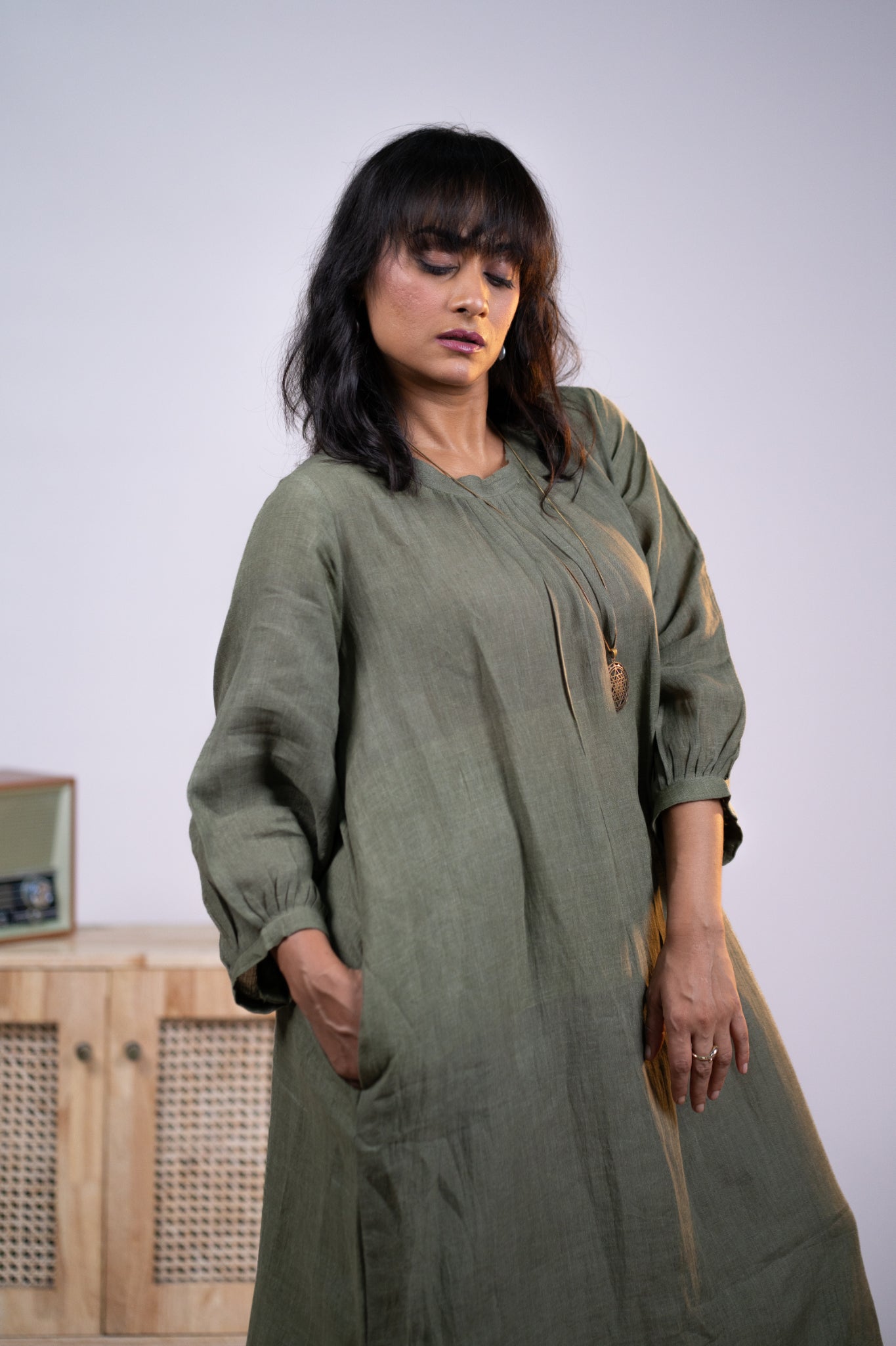 Olive linen pleated neck kurta set