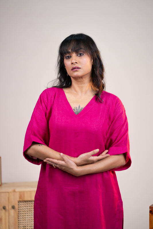Fuchsia pink linen kimono sleeve kurta set