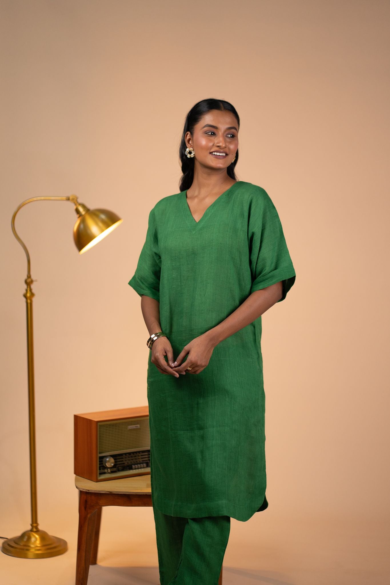 Emerald linen kimono sleeve kurta set
