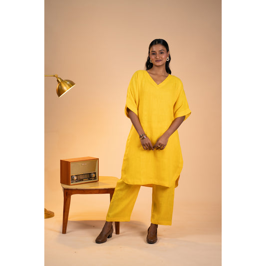 Yellow linen kimono sleeve kurta set