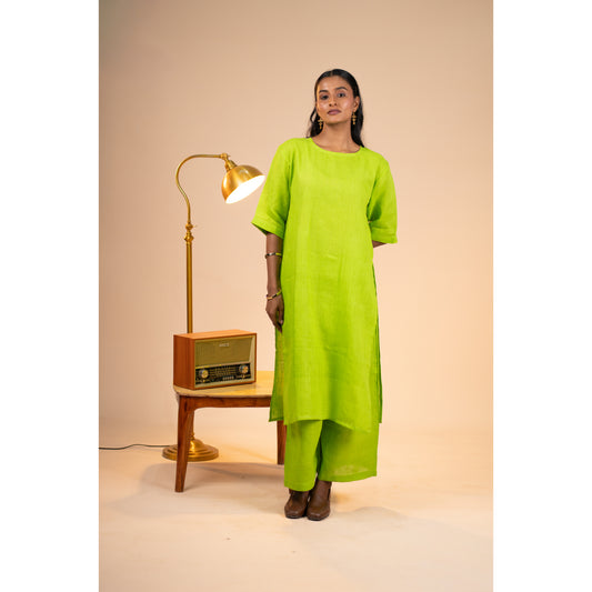 Lime linen high slit kurta set