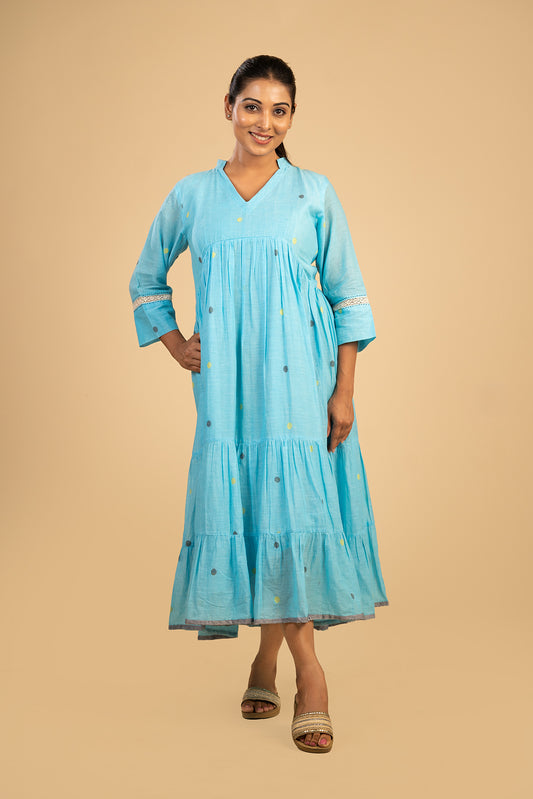 Powder Blue Polka Jamdani Dress