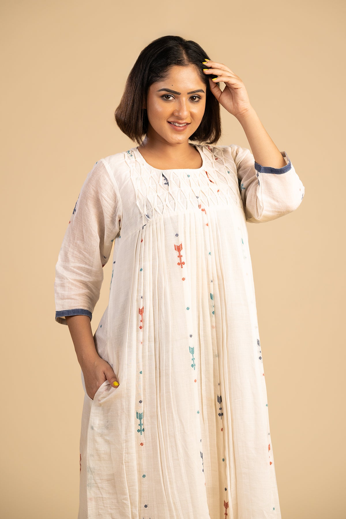 White short yoke smocked jamdani dress