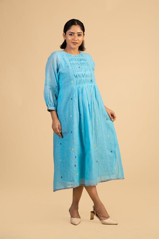 Blue polka jamdani with smocked yoke