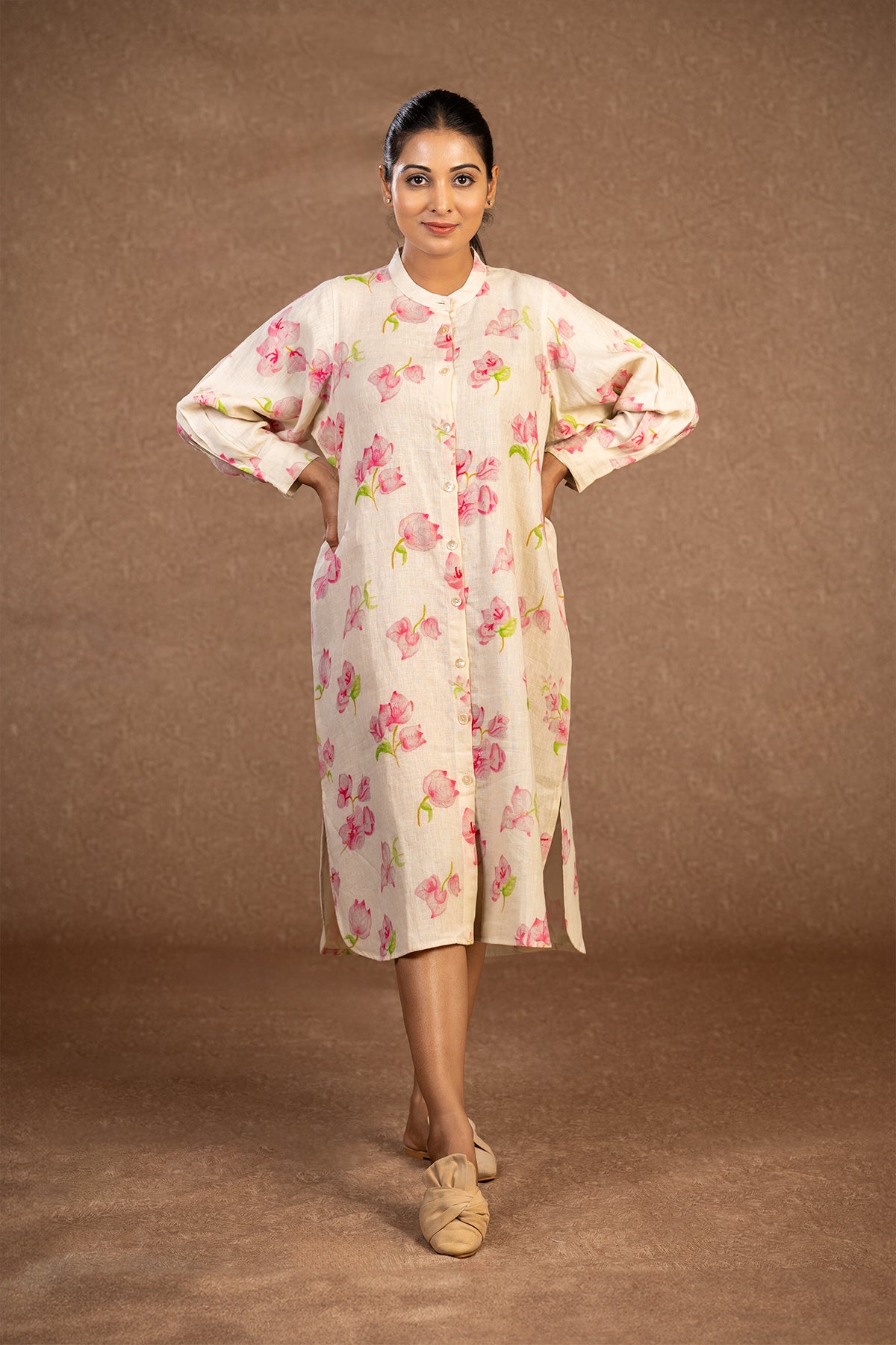 Bougainville mandarin collared off white shirt dress