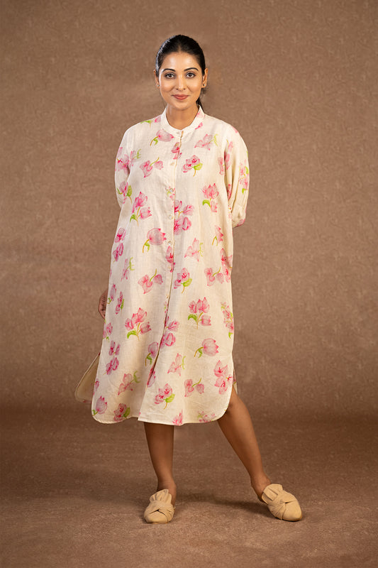 Bougainville mandarin collared off white shirt dress