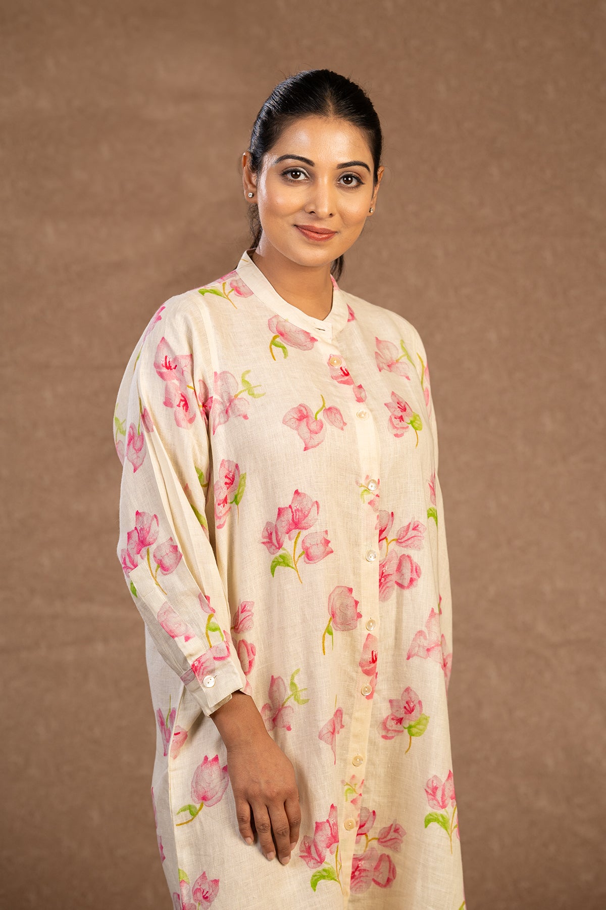 Bougainville mandarin collared off white shirt dress with pants