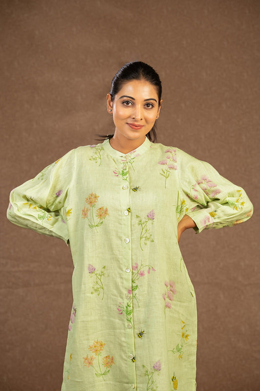 Sage green linen shirt dress