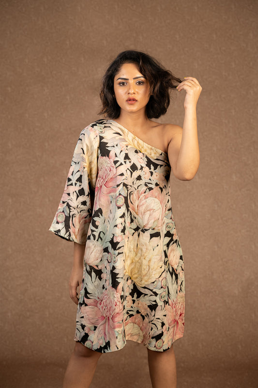 Australian flower linen one shoulder dress