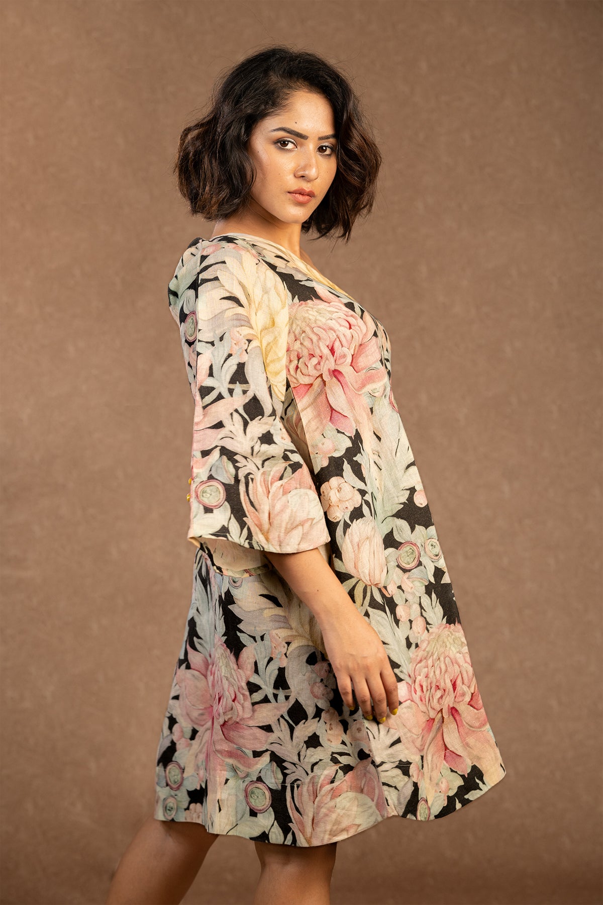Australian flower linen one shoulder dress