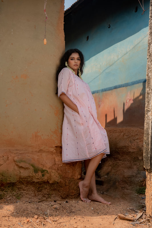 Jamdani Pink Stripes box pleat dress