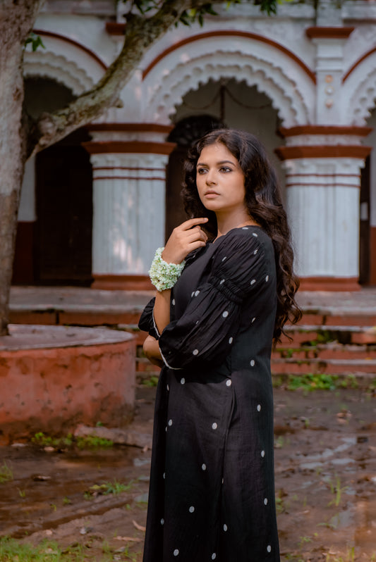 Black Polka scalloped neck dress