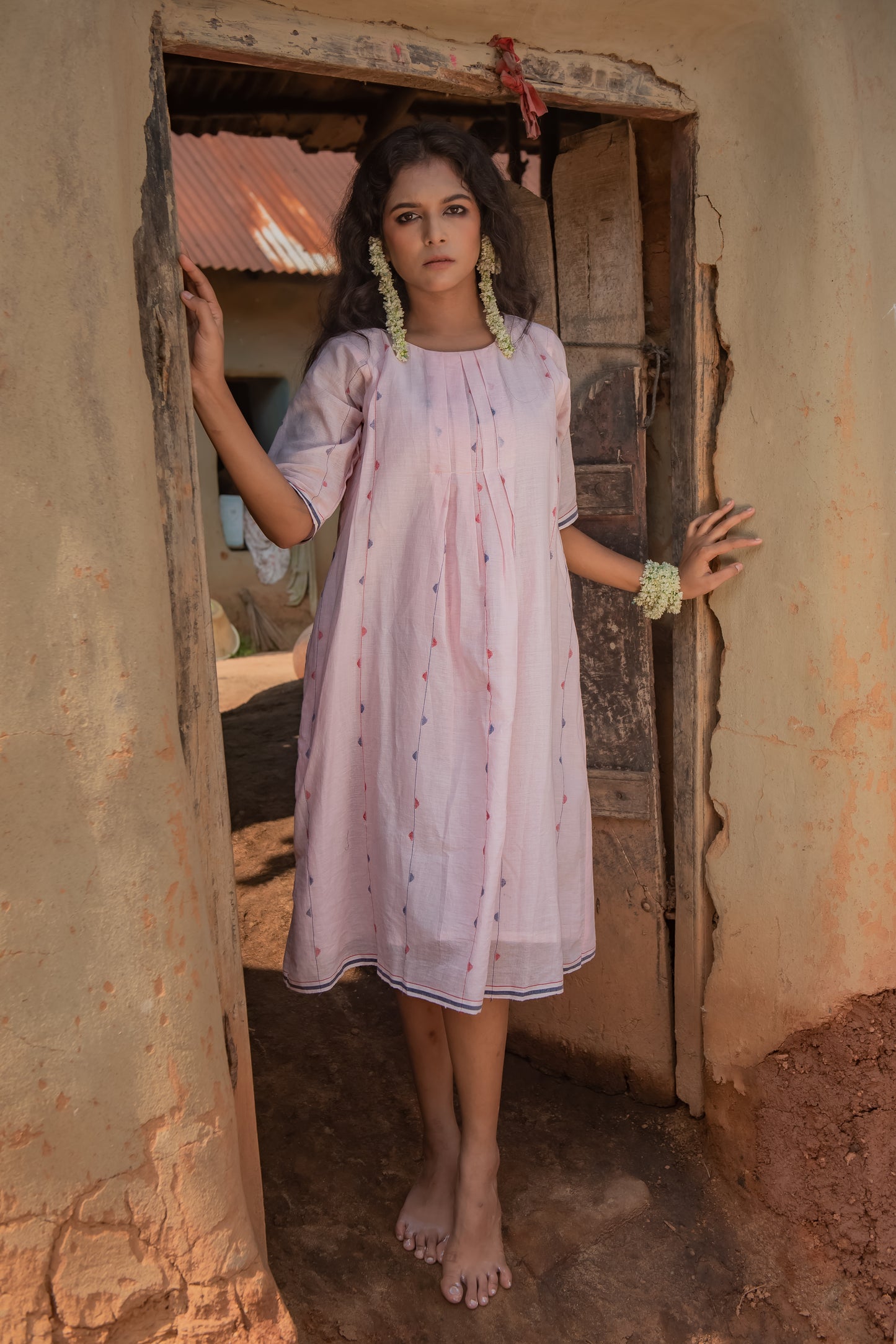 Jamdani Pink Stripes box pleat dress
