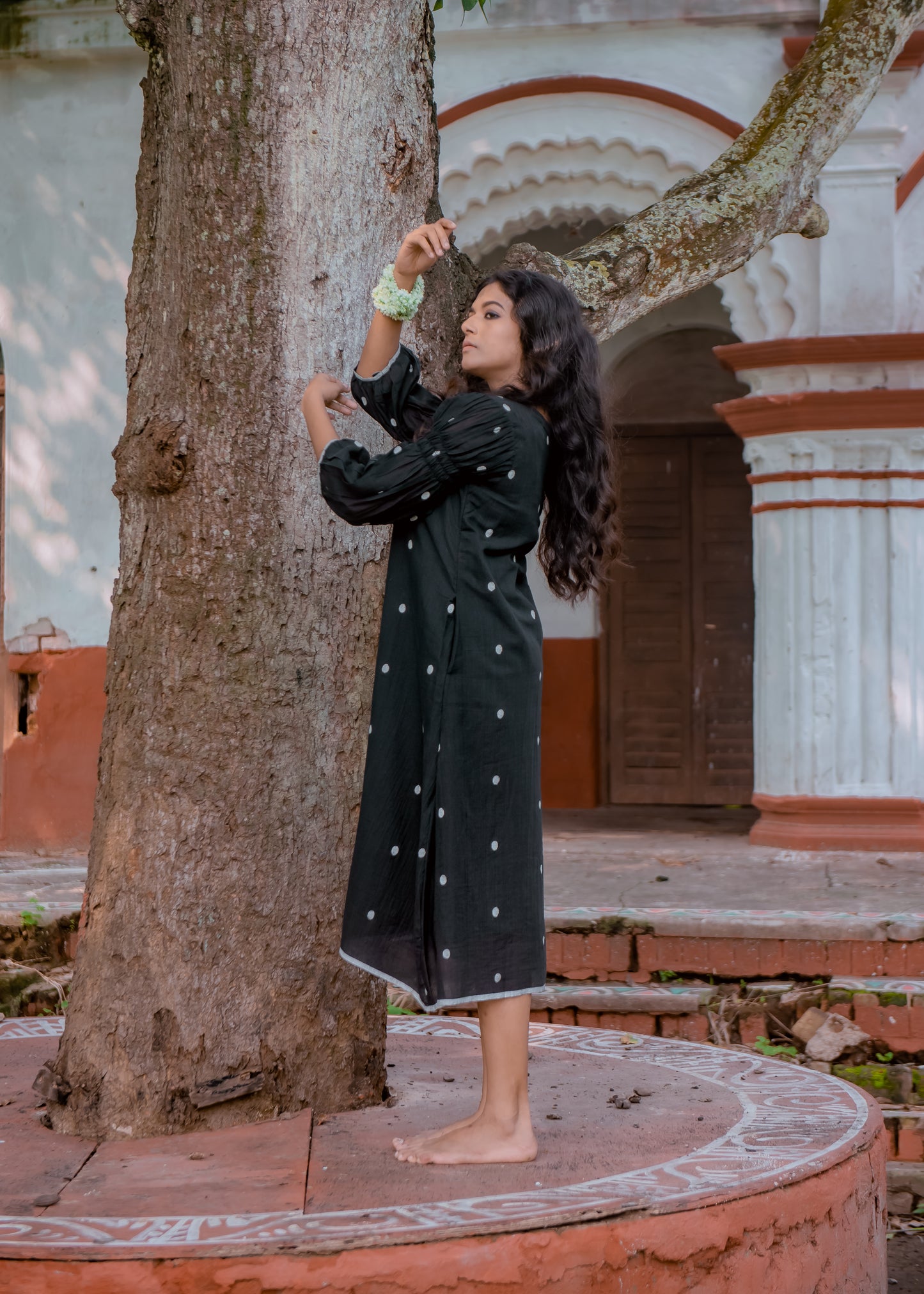 Black Polka scalloped neck dress