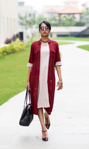 Eclectic Dress Ivory buta with maroon checks