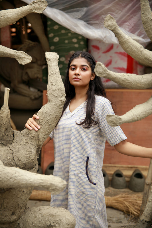 Blue checks shift dress