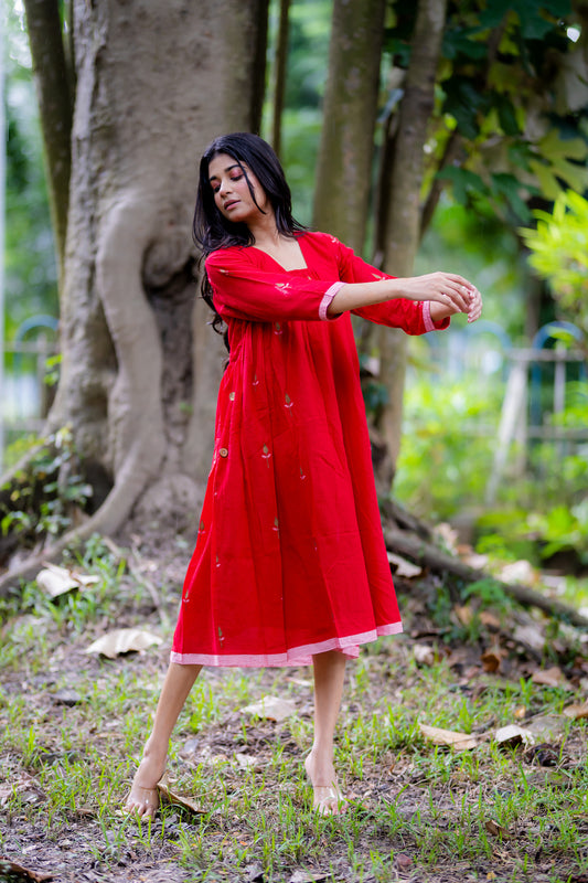 Red Jamdani Bucket Neck Dress