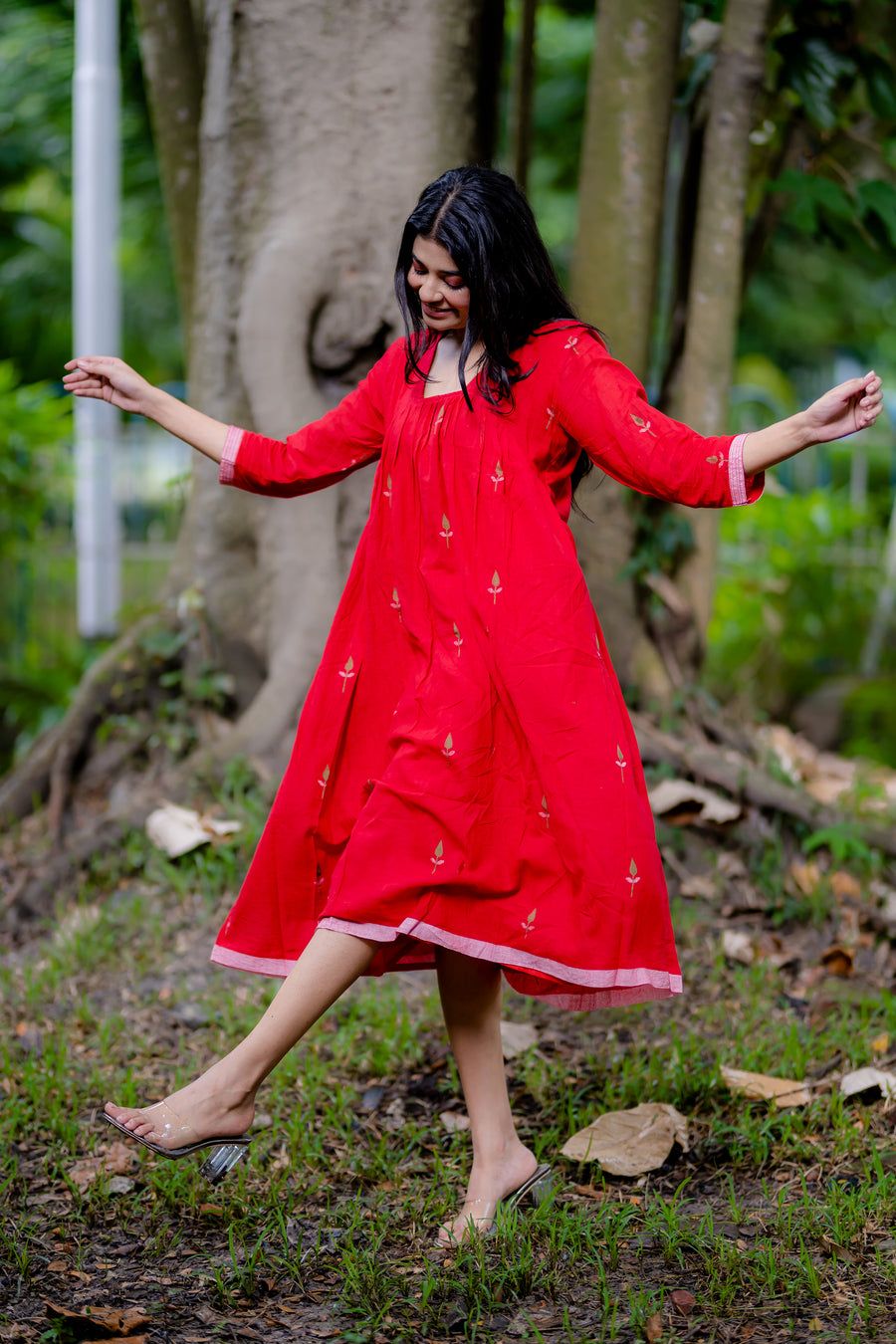 Red Jamdani Bucket Neck Dress