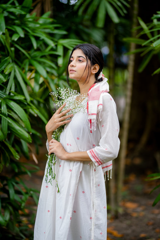 White & Red Wrap Jamdani Dress