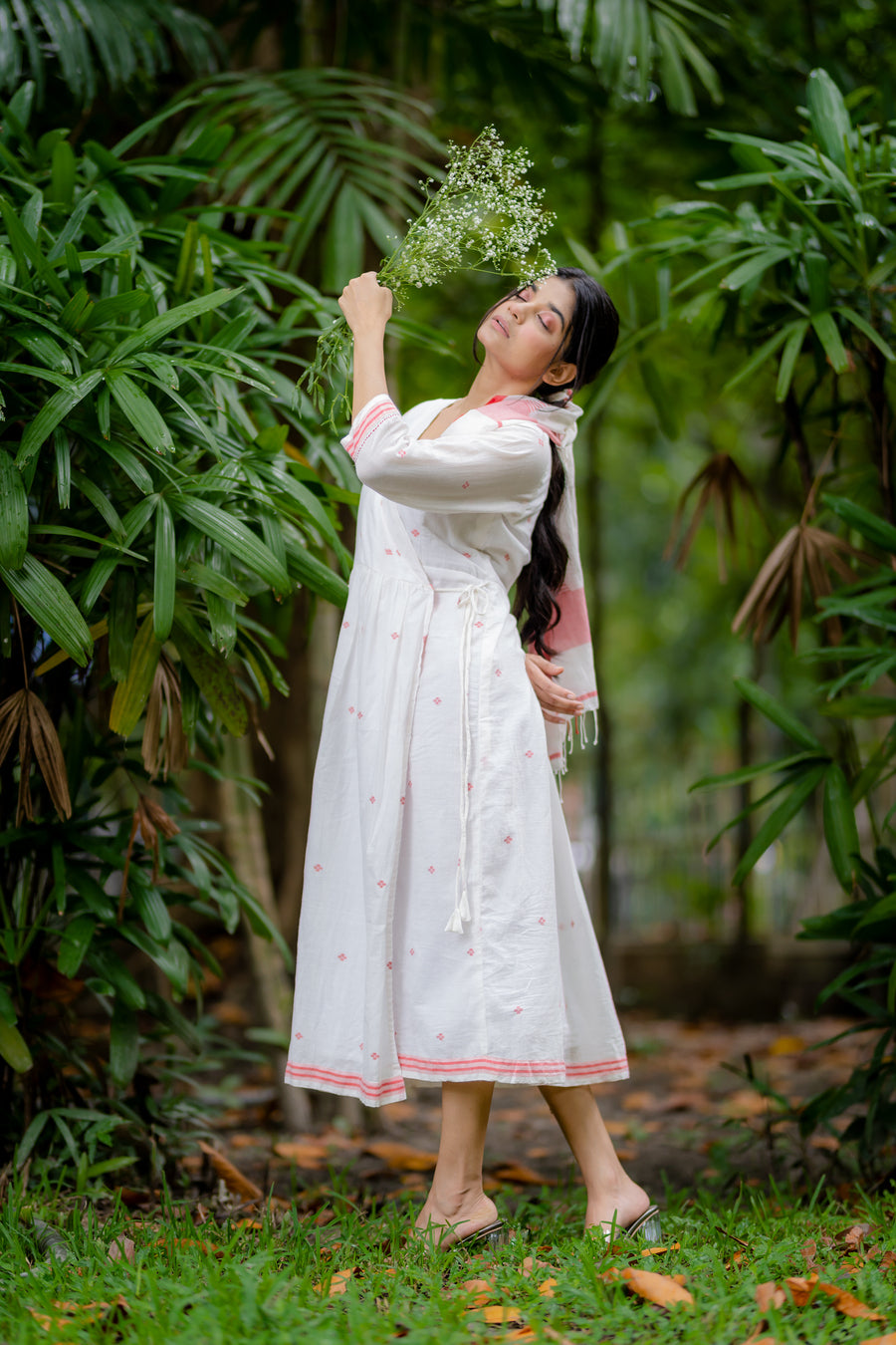 White & Red Wrap Jamdani Dress