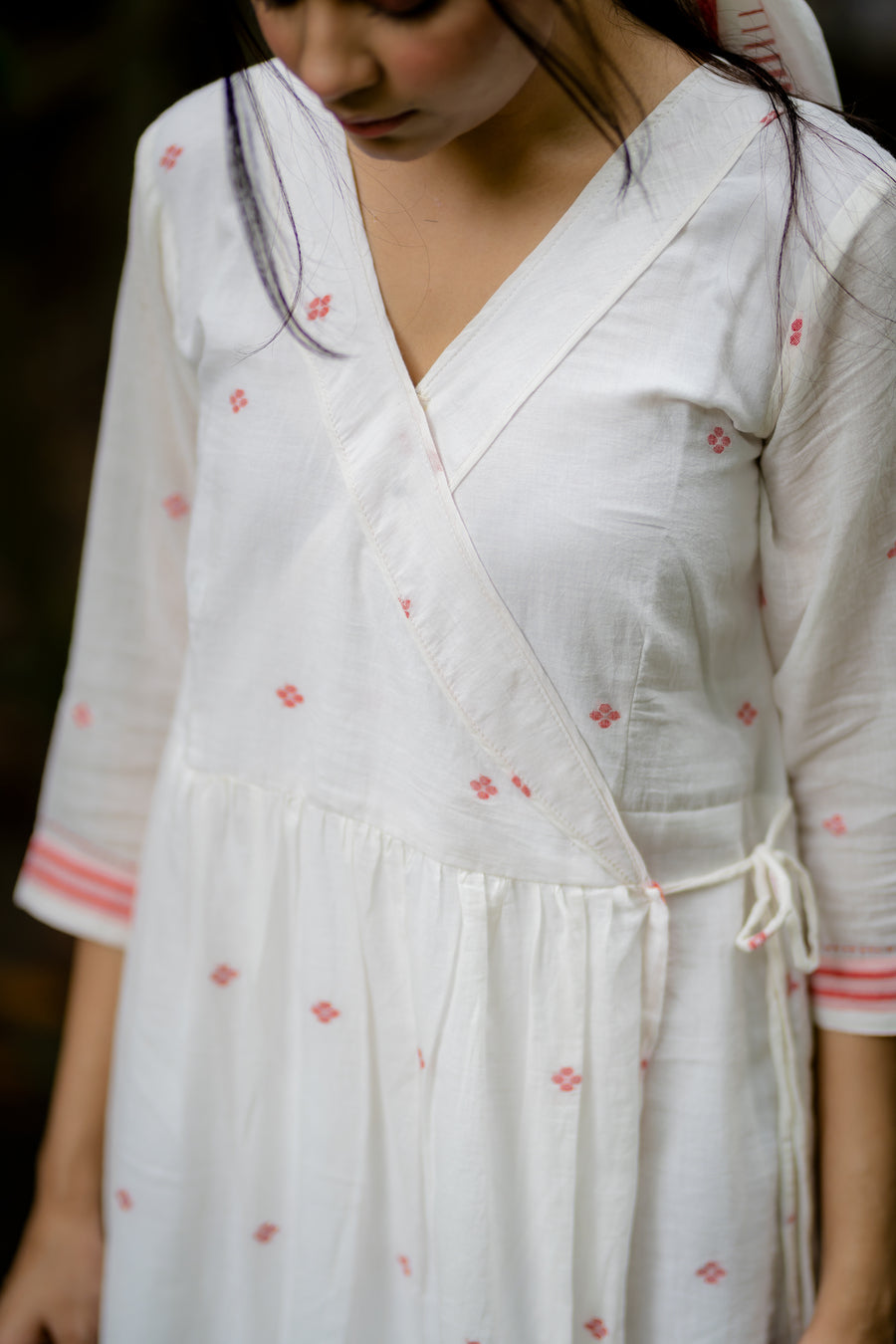 White & Red Wrap Jamdani Dress