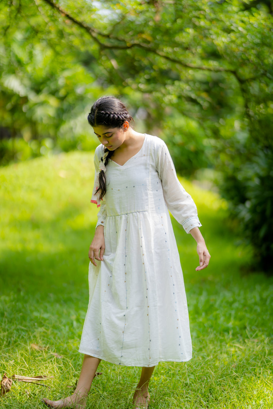 White Stripes Panel Jamdani Dress