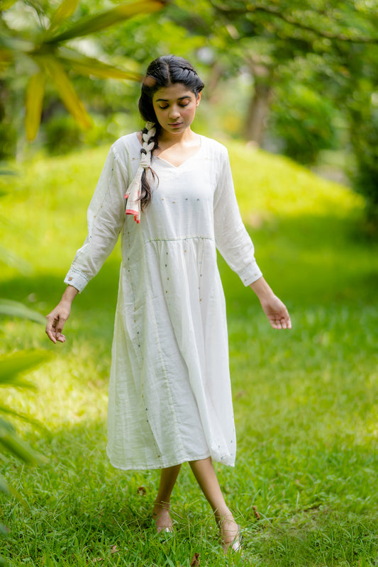 White Stripes Panel Jamdani Dress