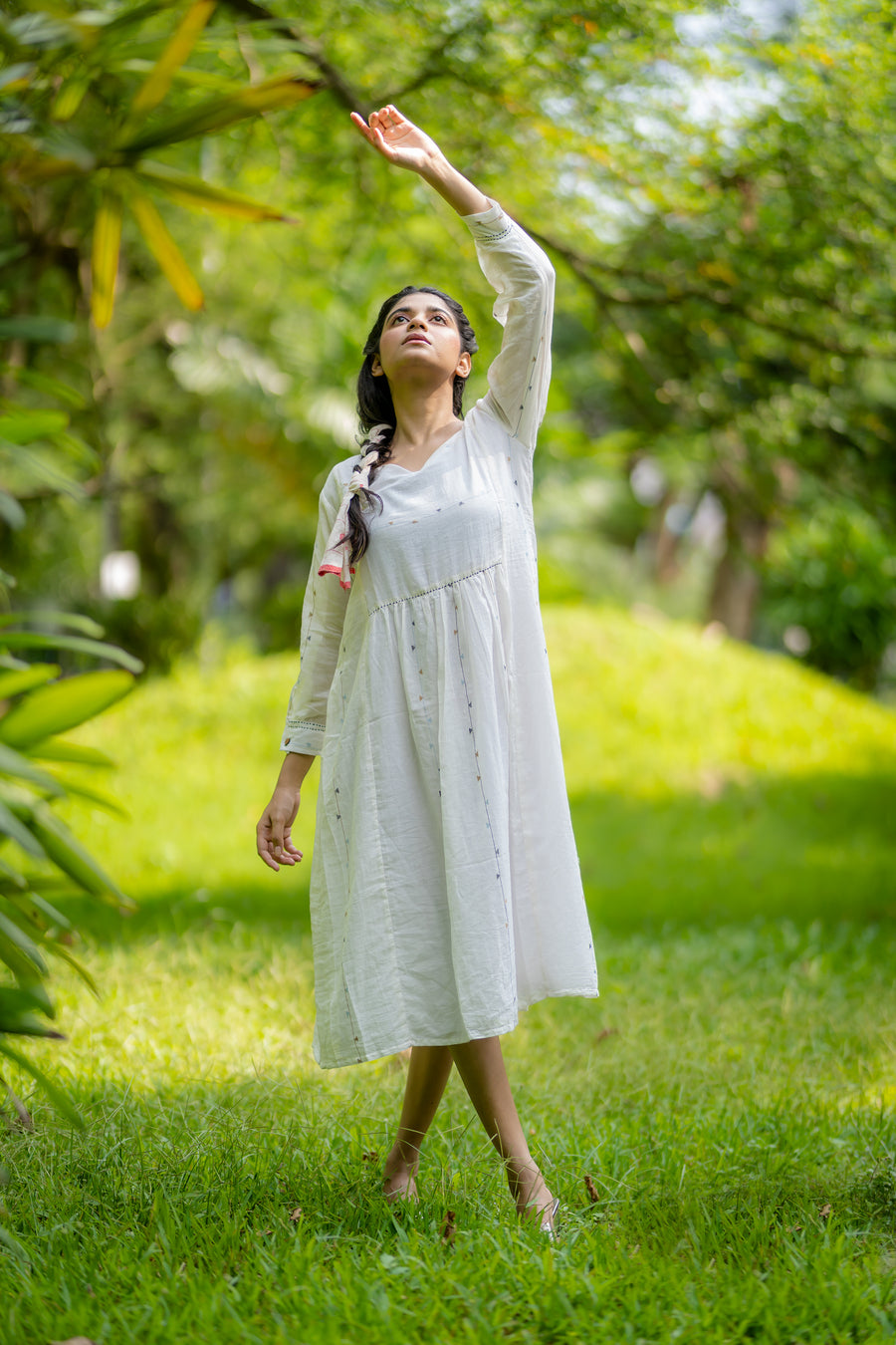 White Stripes Panel Jamdani Dress