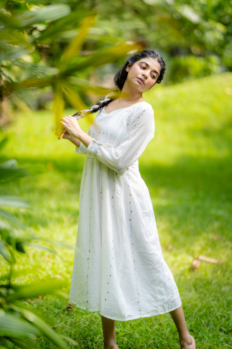 White Stripes Panel Jamdani Dress