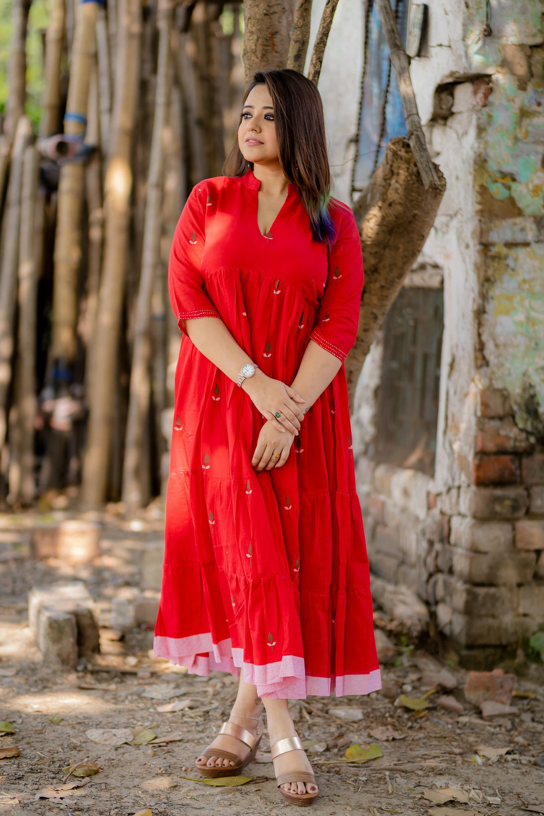 Sindoori Red handwoven Jamdani tier dress