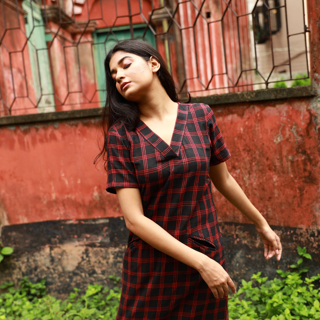 Red and black checks Kotpad shift dress by AnaiYah