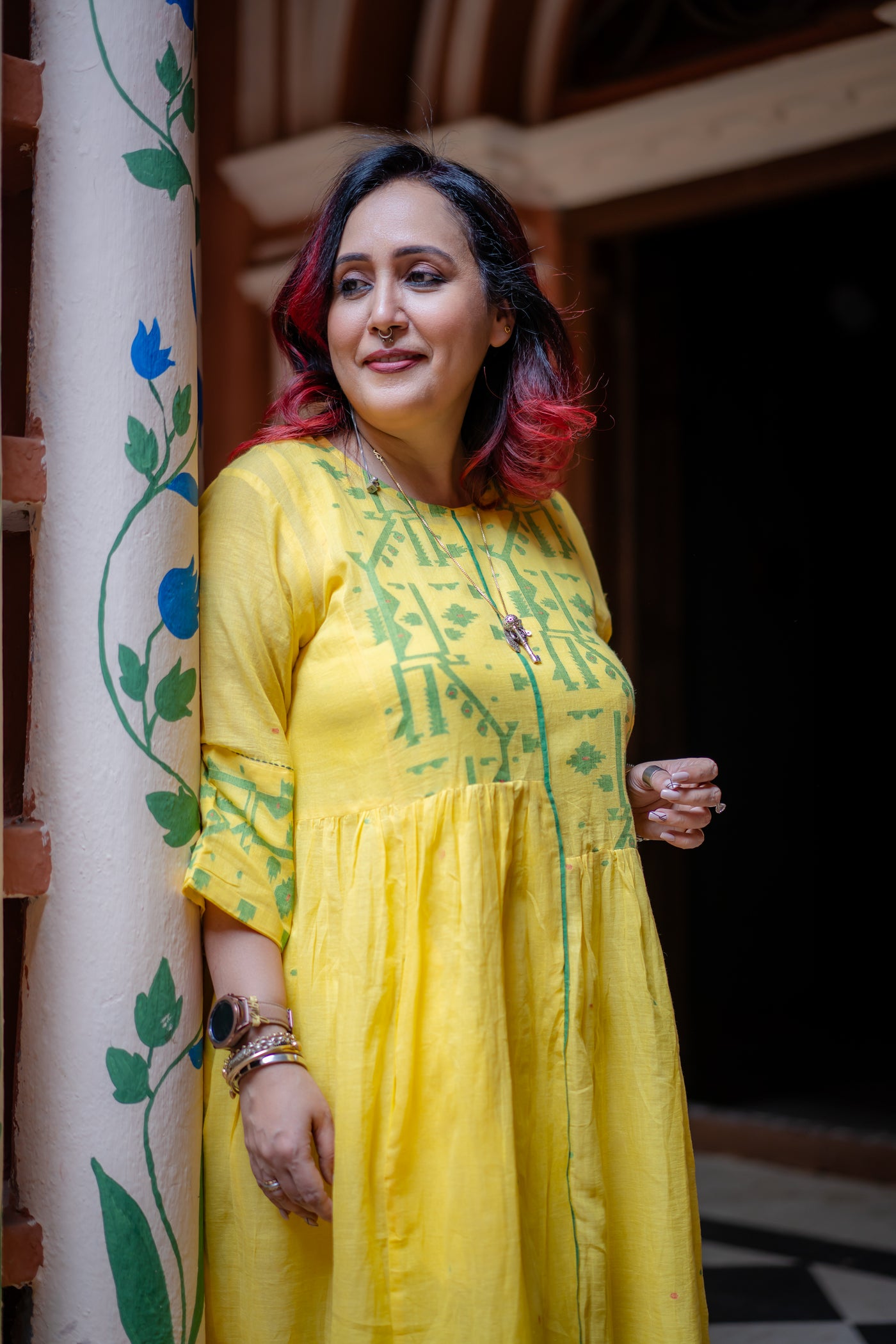 Yellow Jamdani Dress with patchwork
