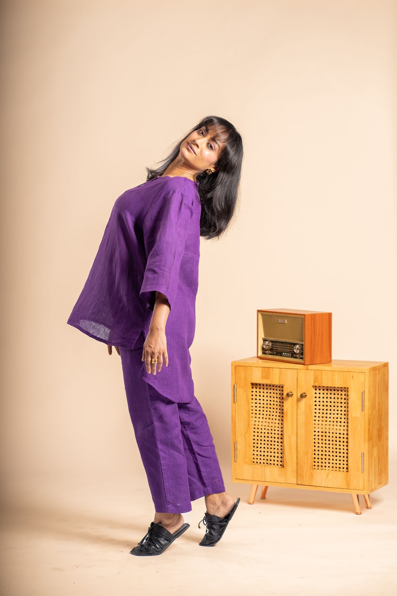 Aubergine linen short kurta set