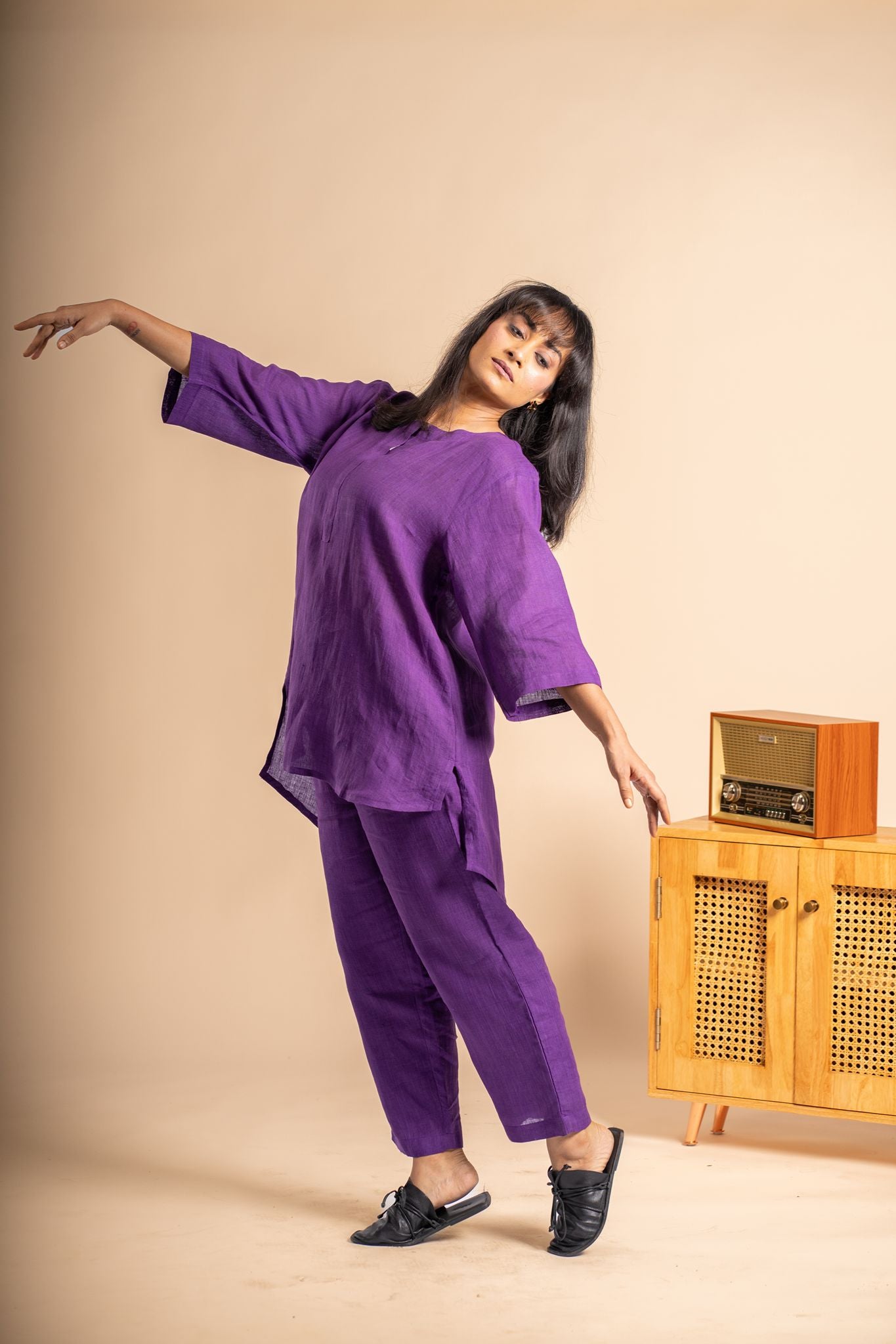 Aubergine linen short kurta set