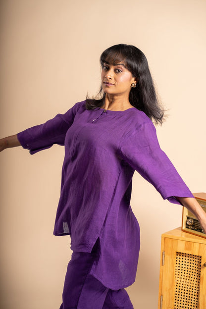 Aubergine linen short kurta set