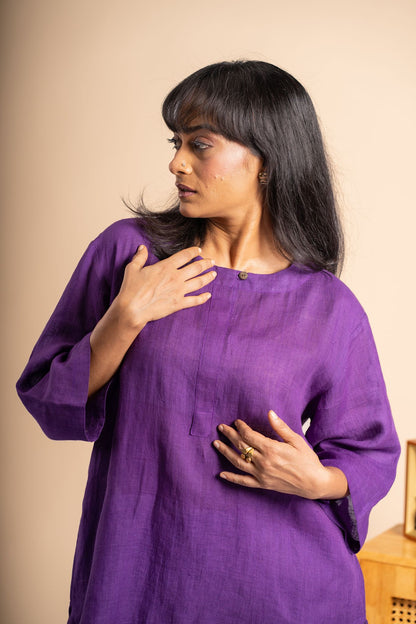 Aubergine linen short kurta set