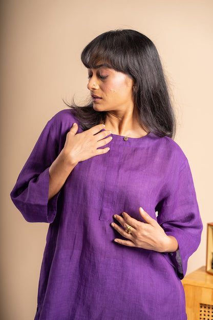 Aubergine linen short kurta set