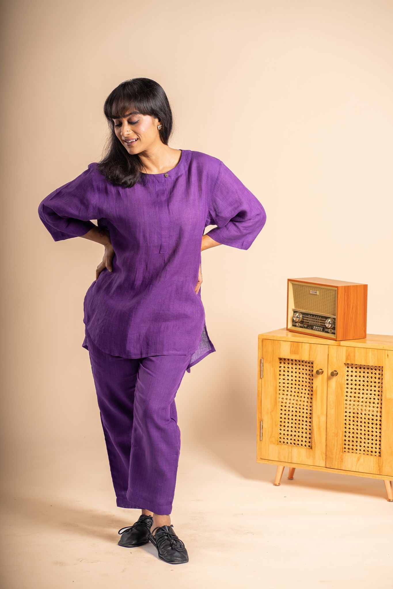 Aubergine linen short kurta set