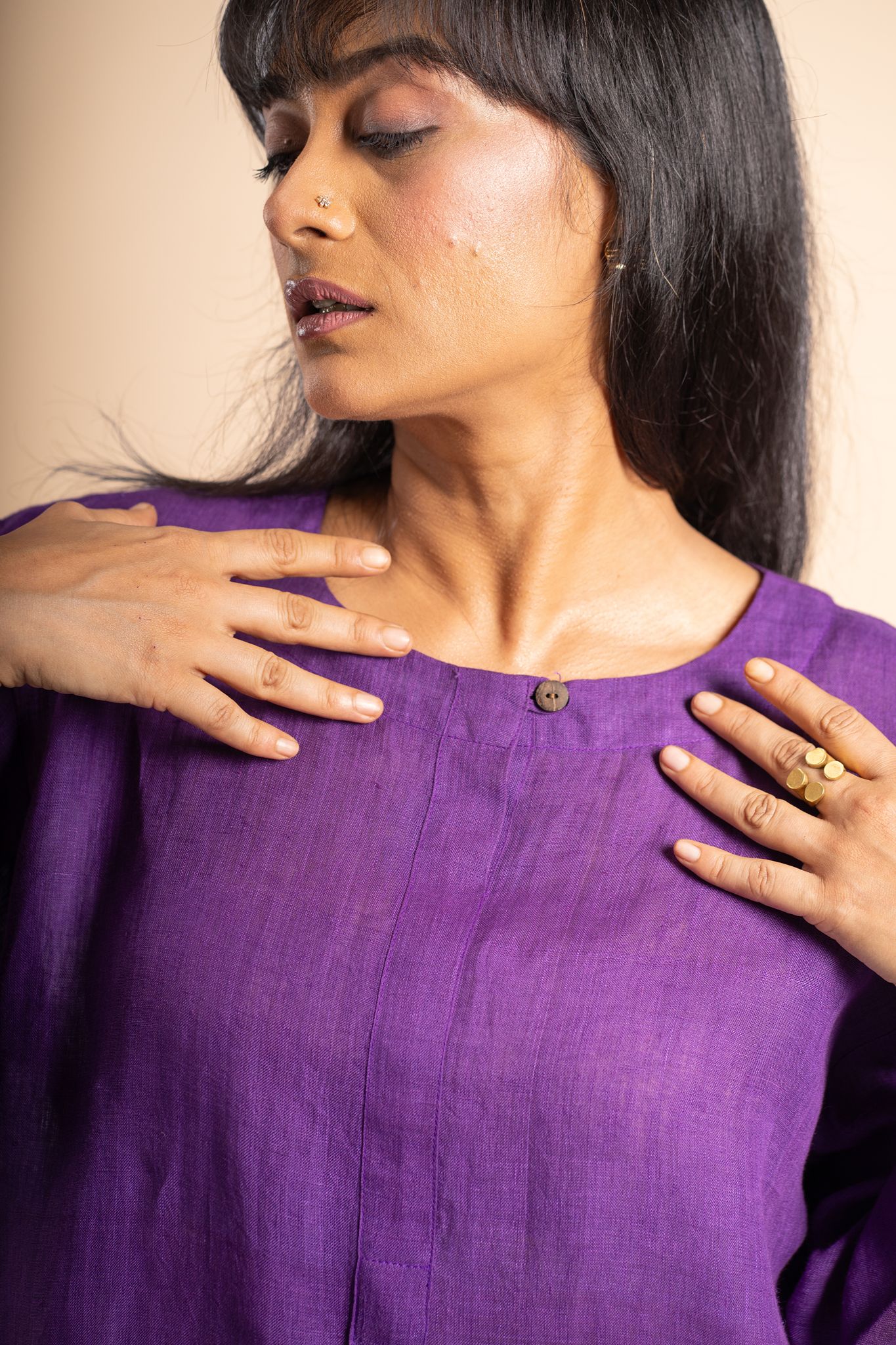 Aubergine linen short kurta set