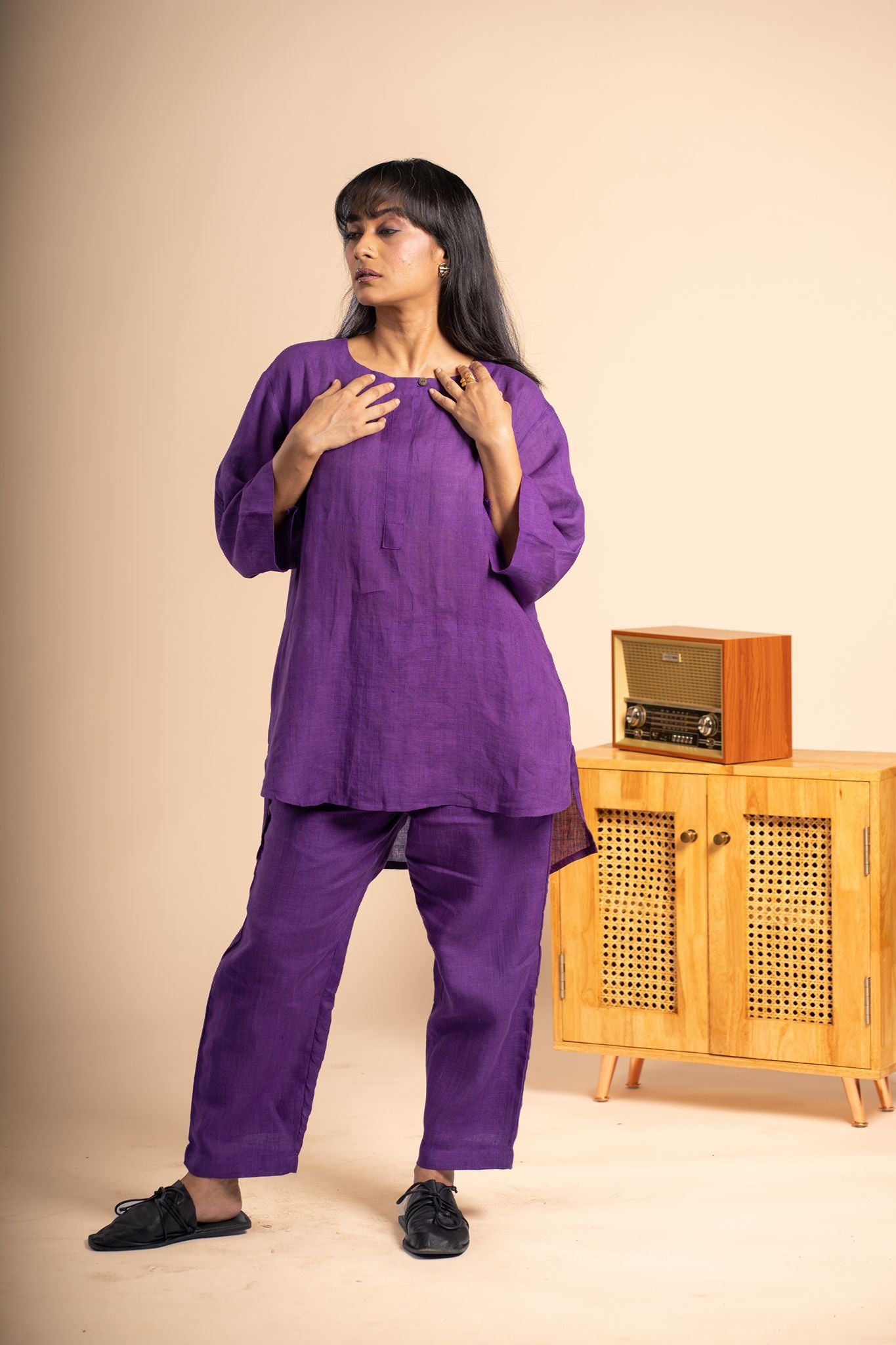 Aubergine linen short kurta set