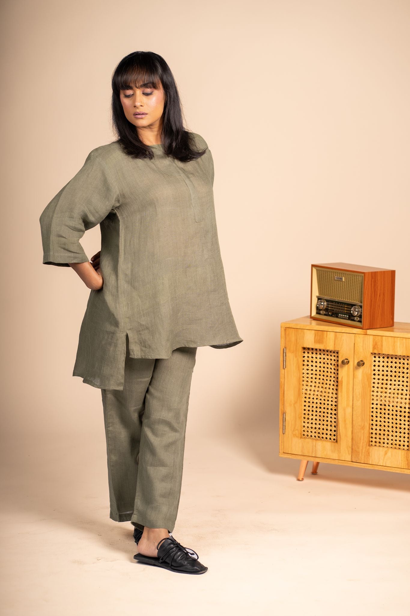 Olive linen short kurta set