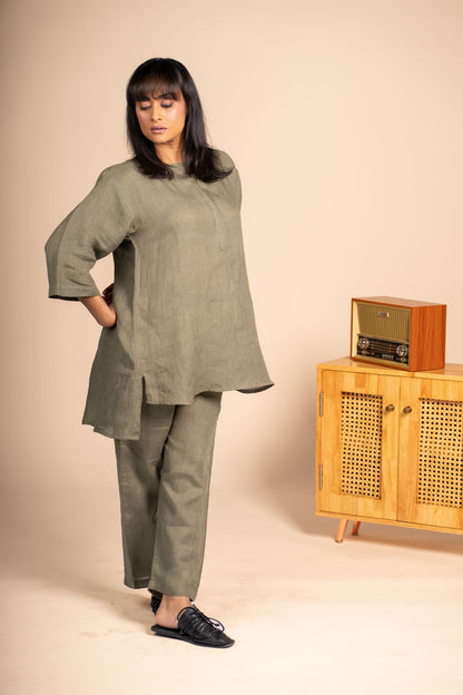 Olive linen short kurta set