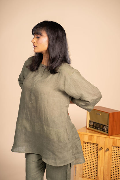 Olive linen short kurta set
