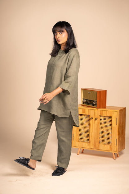 Olive linen short kurta set