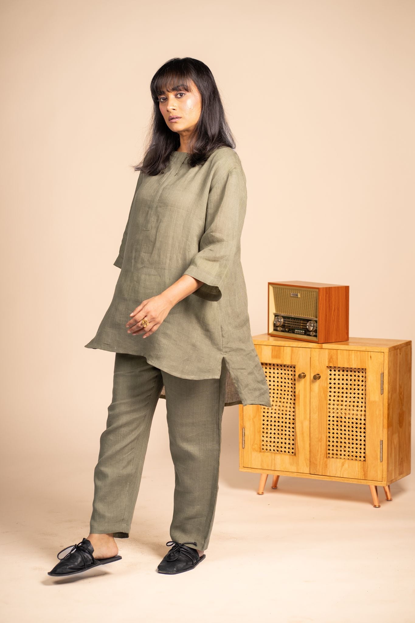 Olive linen short kurta set